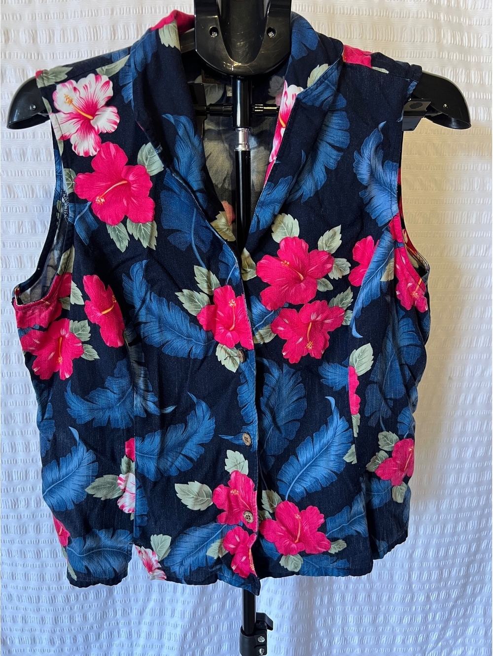 Vintage La Cabana 1X Floral Hawaiian Tank 100% Rayon Navy Hibiscus Tropical